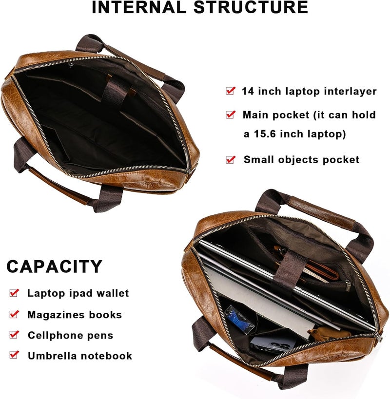 SAIION Genuine Leather Briefcase for Men, Laptop Computer Shoulder Bag With Strap, 15.6 Inch Business Travel Work Handbag - Image 3
